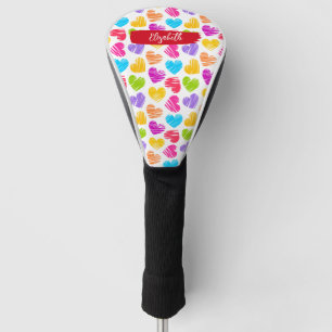 Modern Girly Vibrant Doodled Hearts Pattern Name Golf Head Cover