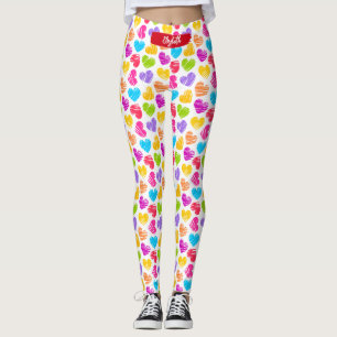 Modern Girly Vibrant Doodled Hearts Pattern Name Leggings