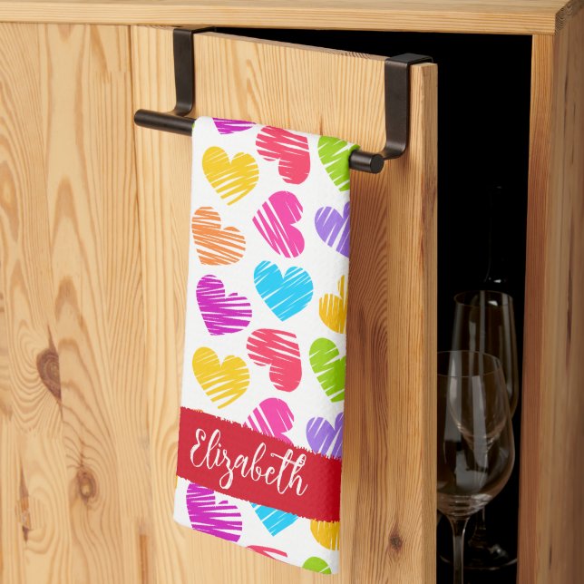 Modern Girly Vibrant Doodled Hearts Pattern Name Tea Towel (Thirds Fold)