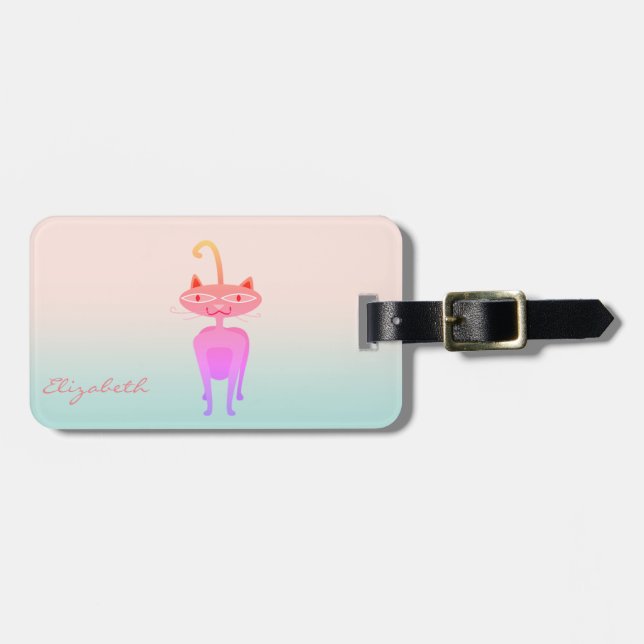 Modern Girly  Whimsical Cat Luggage Tag (Front Horizontal)