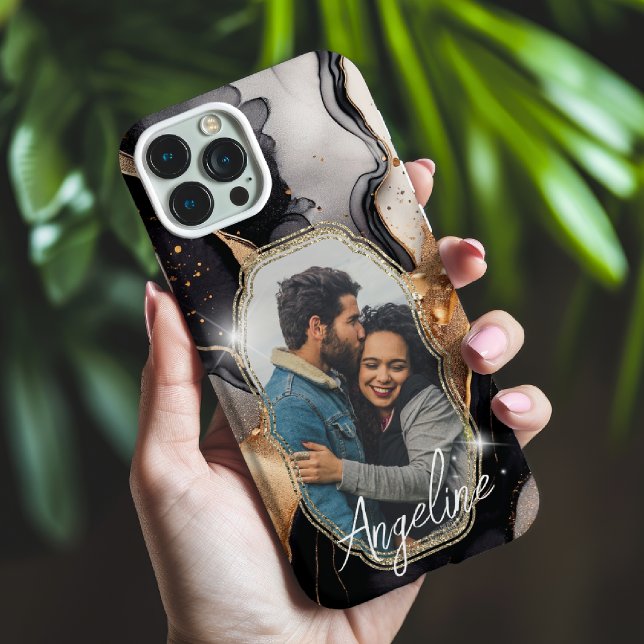Modern Glam Black and Gold Name and Photo Case-Mate iPhone Case (Creator Uploaded)