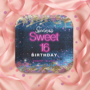 Modern Glam Blue Glitter Hot Neon Pink Sweet 16 Paper Plate
