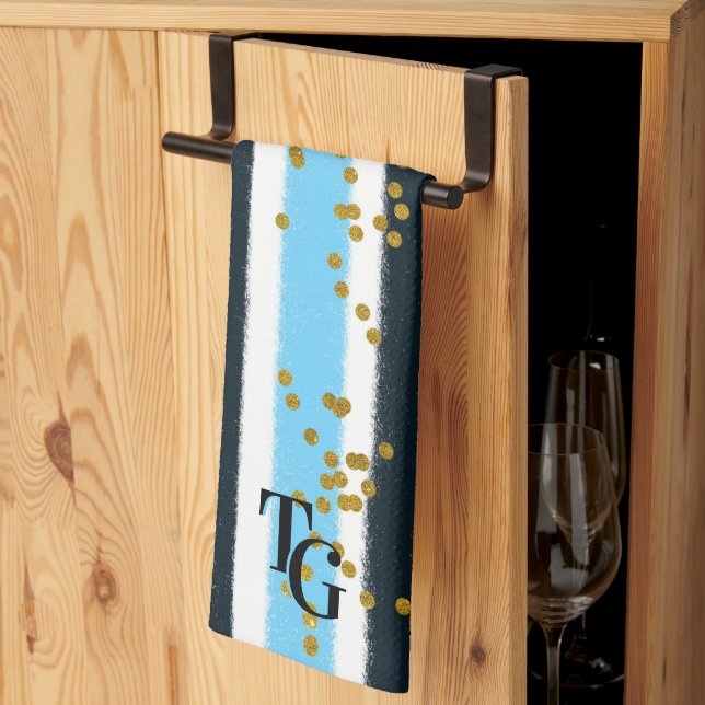 Modern Glam Blue Stripe Gold Glitter Monogram Tea Towel (Thirds Fold)