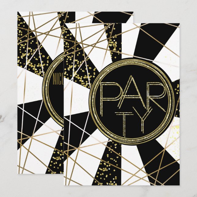 Modern Glam Deco Black White Gold Birthday PARTY Invitation (Front/Back)