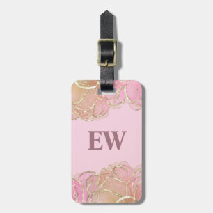 Modern Glam Elegant Monogram Pink Faux Gold Agate Luggage Tag
