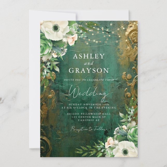 Modern Glam Emerald and Gold Wedding Invitation (Front)