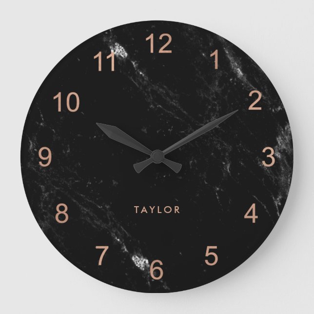 Modern Glam Faux Rose Gold Look and Black Marble Large Clock (Front)