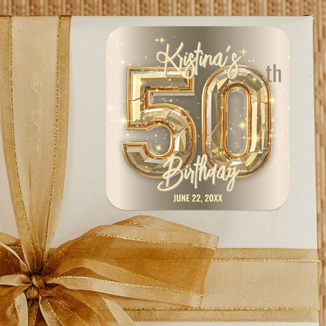 Modern Glam Gold and Diamond Accents 50th Birthday Square Sticker (Creator Uploaded)