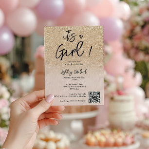 Modern Glam Gold Glitter Pink Ombre Girl Baby Show Invitation