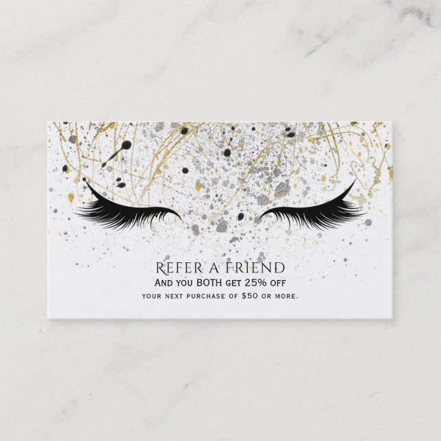 Modern Glam Gold Silver Black Lashes Refer Friend Referral Card (Front)