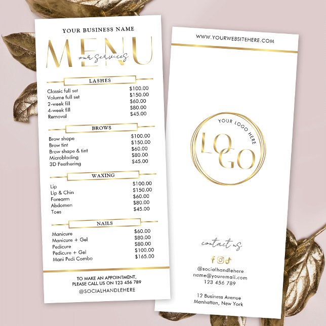 Modern Glam Gold Spa Beauty Salon Menu Price List (White and gold logo services price list with modern typography and a minimal layout)