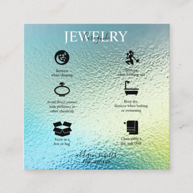 Modern Glam Iridescent Sparkle  Jewellery Care   Square Business Card (Front)