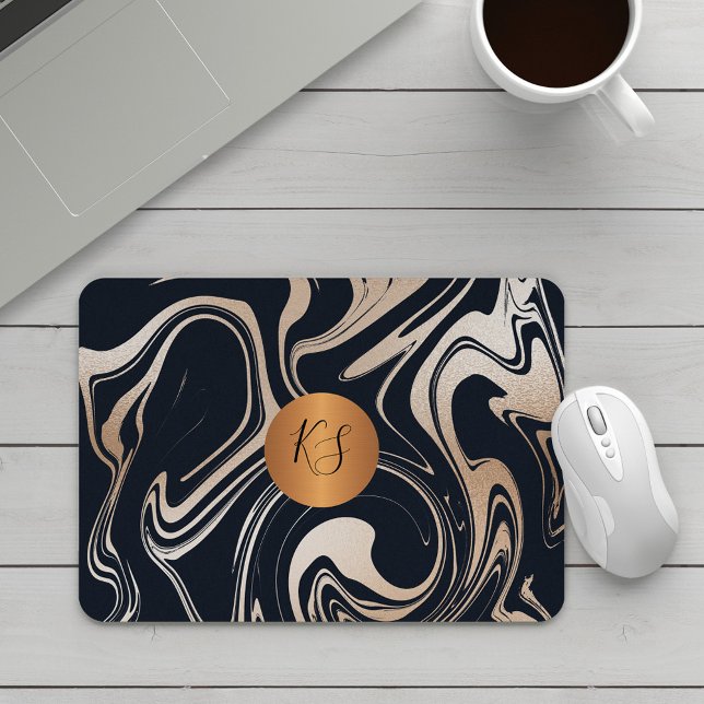 Modern glam marble black rose gold monogrammed mouse pad (Creator Uploaded)