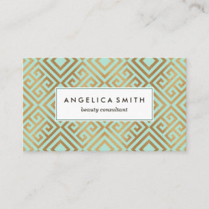 Modern Glam Mint Gold Geometric Greek Key Pattern Business Card