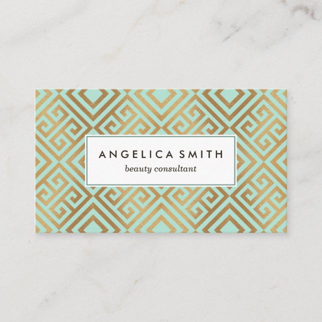 Modern Glam Mint Gold Geometric Greek Key Pattern Business Card (Front)