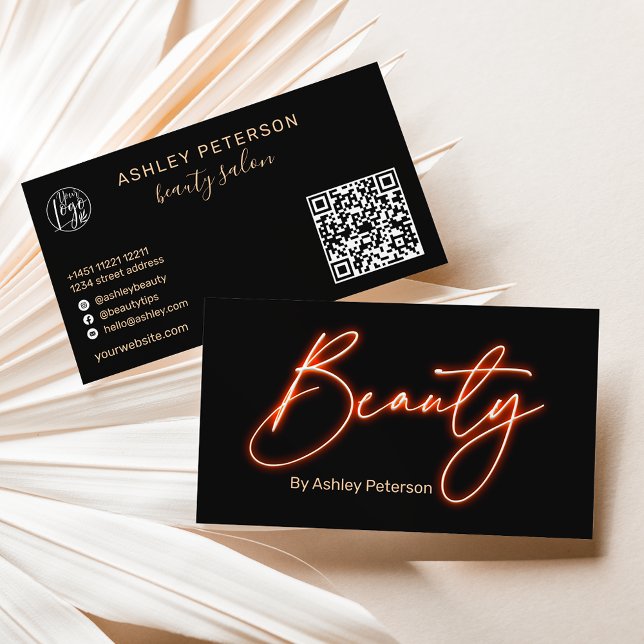 Modern glam orange neon beauty script logo qr code business card (Creator Uploaded)