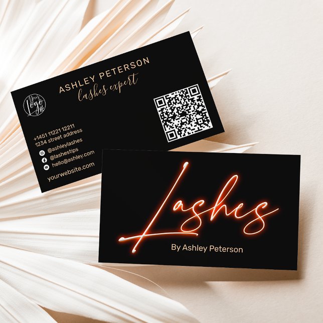 Modern glam orange neon lashes script logo qr code business card (Creator Uploaded)