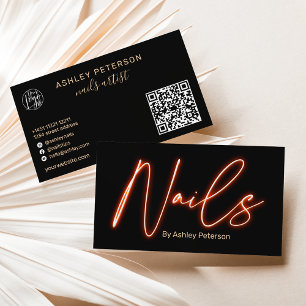 Modern glam orange neon nails script logo qr code business card