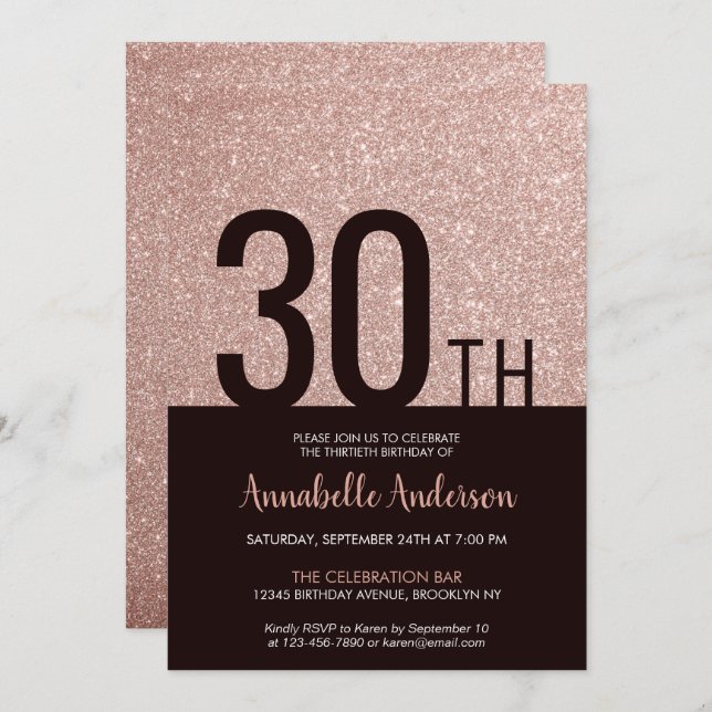 Modern Glam Pink Rose Gold Sparkle 30th Birthday Invitation (Front/Back)