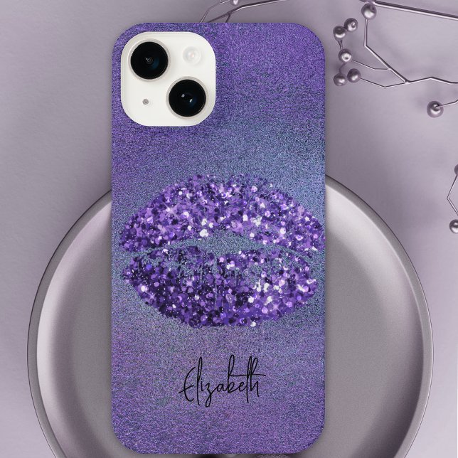 Modern Glam Purple Glittery Kiss Lipstick Imprint iPhone Case (Creator Uploaded)
