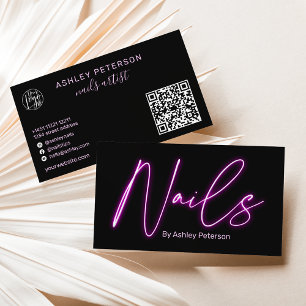 Modern glam purple neon nails script logo qr code business card
