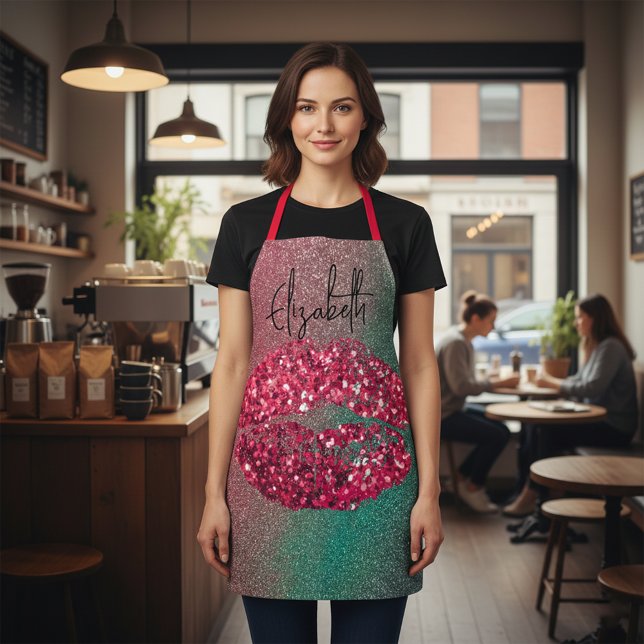 Modern Glam Red Glittery Kiss Lipstick Imprint Apron (Creator Uploaded)