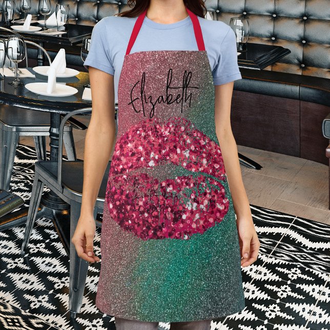 Modern Glam Red Glittery Kiss Lipstick Imprint Apron (Creator Uploaded)