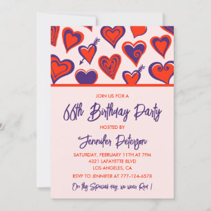 Modern Glam Red Pink Heart 66th birthday Invitation