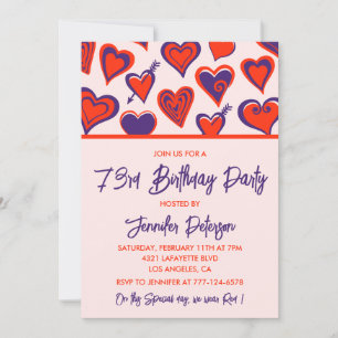 Modern Glam Red Purple Hearts 73rd birthday Invitation