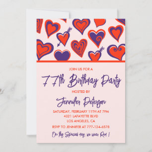 Modern Glam Red Purple Hearts 77th birthday Invitation