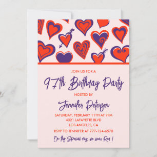 Modern Glam Red Purple Hearts 97th birthday Invitation
