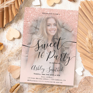 Modern glam rose gold glitter ombre photo Sweet 16 Invitation
