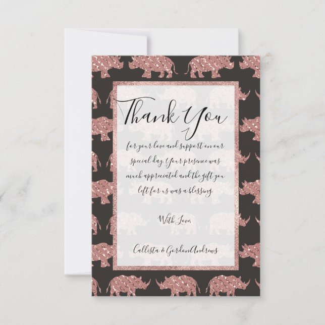 Modern Glam Rose Gold Glitter Striped Rhinos Thank You Card (Front)