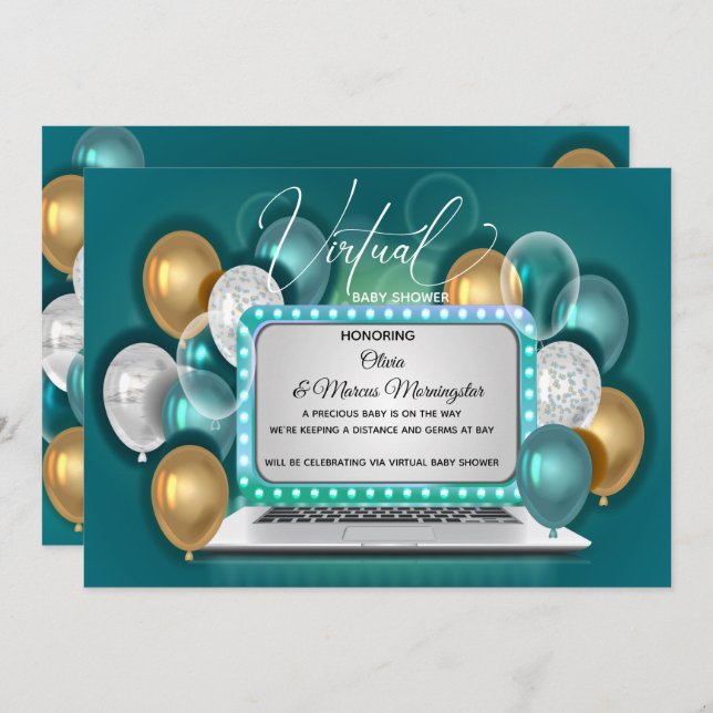 Modern Glam Virtual Baby Boy Shower Teal Invitation (Front/Back)