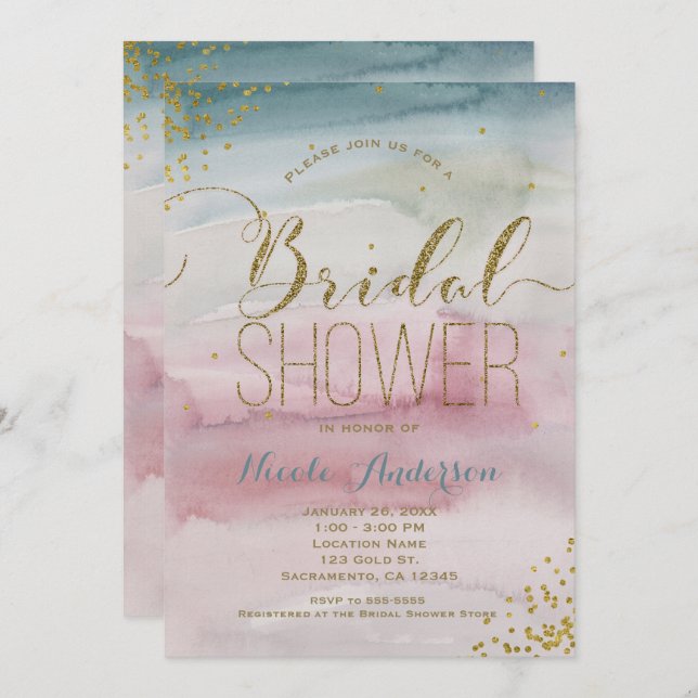 Modern Glam Watercolor Gold Confetti BRIDAL SHOWER Invitation (Front/Back)