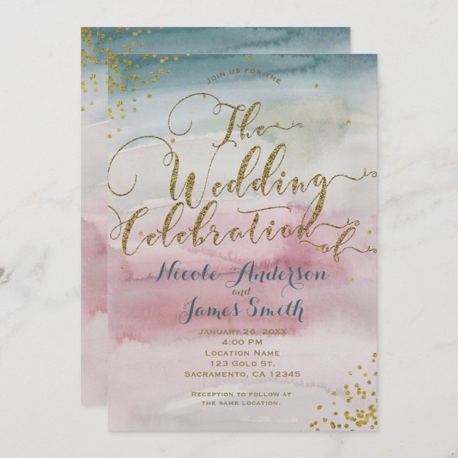 Modern Glam Watercolor Gold Wedding Celebration Invitation (Front/Back)
