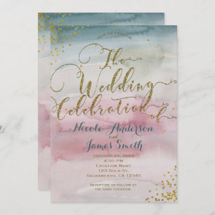 Modern Glam Watercolor Gold Wedding Celebration Invitation