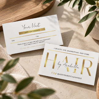 Modern Glam White & Gold Chic Hair Stylist Salon Appointment Card