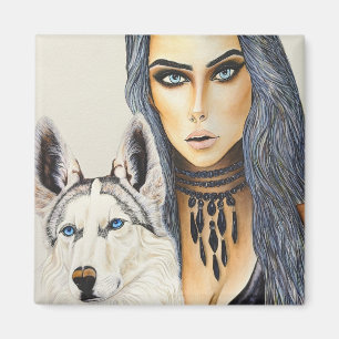 Modern Glam Woman & Husky Wolf Dog Magnet