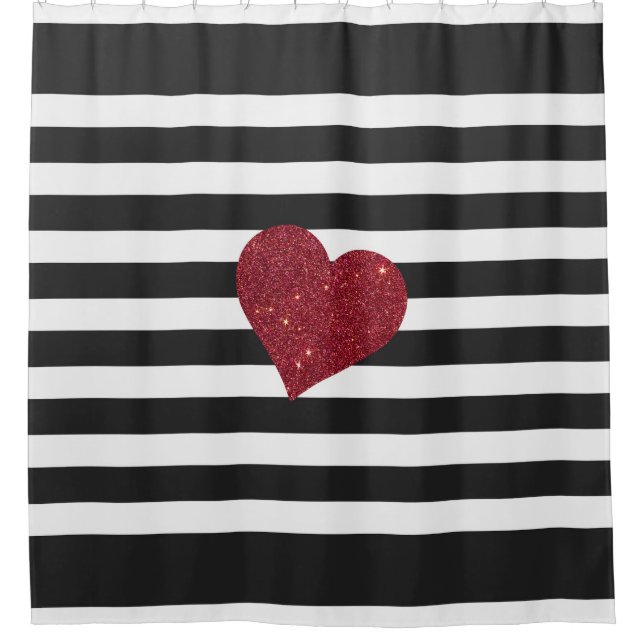 Modern Glamourous Red Faux Glitter Heart Stripes Shower Curtain (Front)
