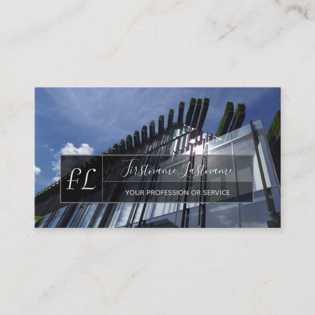 Modern glass facade office building monogram busin business card (Front)