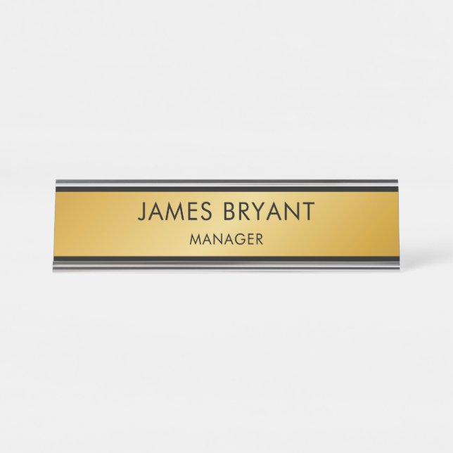 Modern Glassy Golden & Black- Add Logo, Name,Title Desk Name Plate (Front)