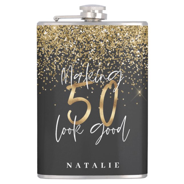Modern glitter black and gold 50th birthday hip flask (Front)