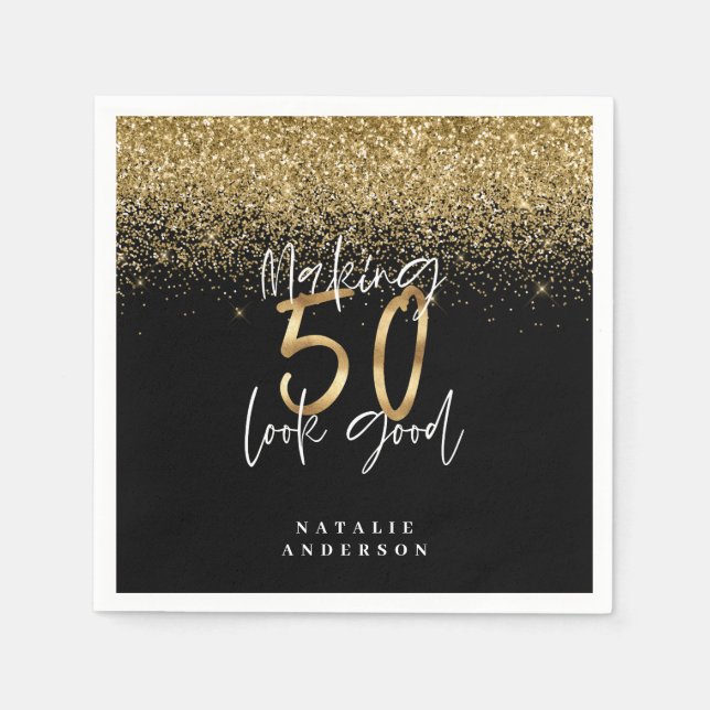 Modern glitter black and gold 50th birthday napkin (Front)