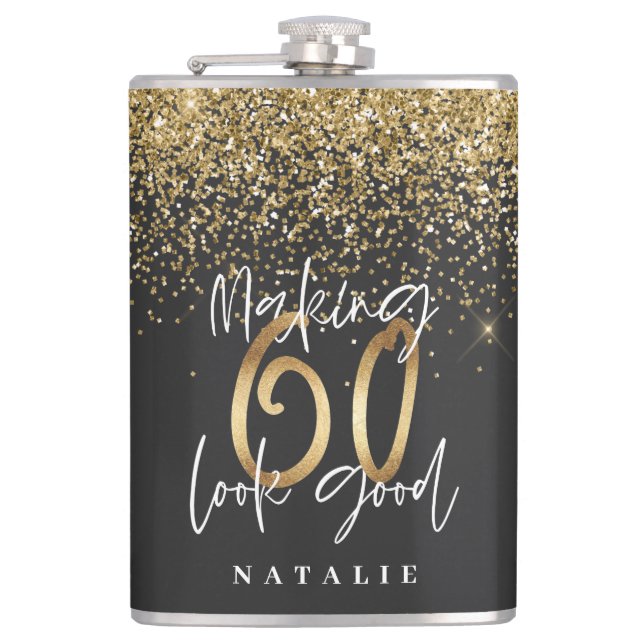 Modern glitter black and gold 60th birthday hip flask (Front)