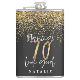 Modern glitter black and gold 70th birthday hip flask