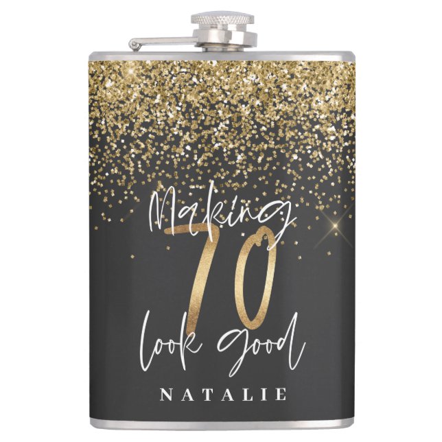 Modern glitter black and gold 70th birthday hip flask (Front)