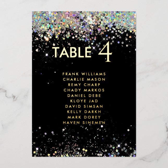 Modern Glitter Black Real Foil Table Card (Front)