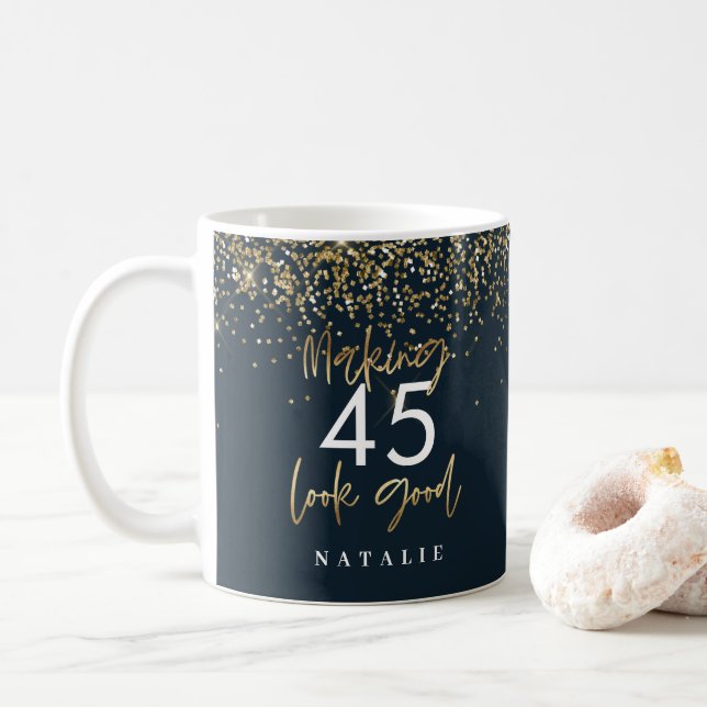 Modern glitter blue and gold 45h birthday  coffee mug (With Donut)