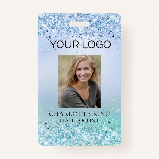 Modern Glitter Blue  Employee Photo ID Badge (Front)